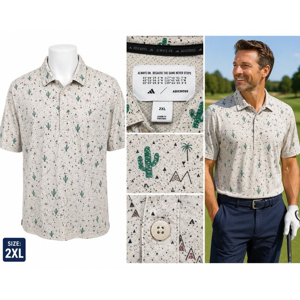 Adidas Adicross Shirt Mens 2XL Tan Cactus Print Golf Short Sleeve SKU62